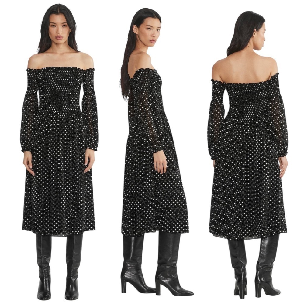 Aritzia Wilfred Margaret Chiffon off the shoulder Midi Dress Black Polka Dot XS